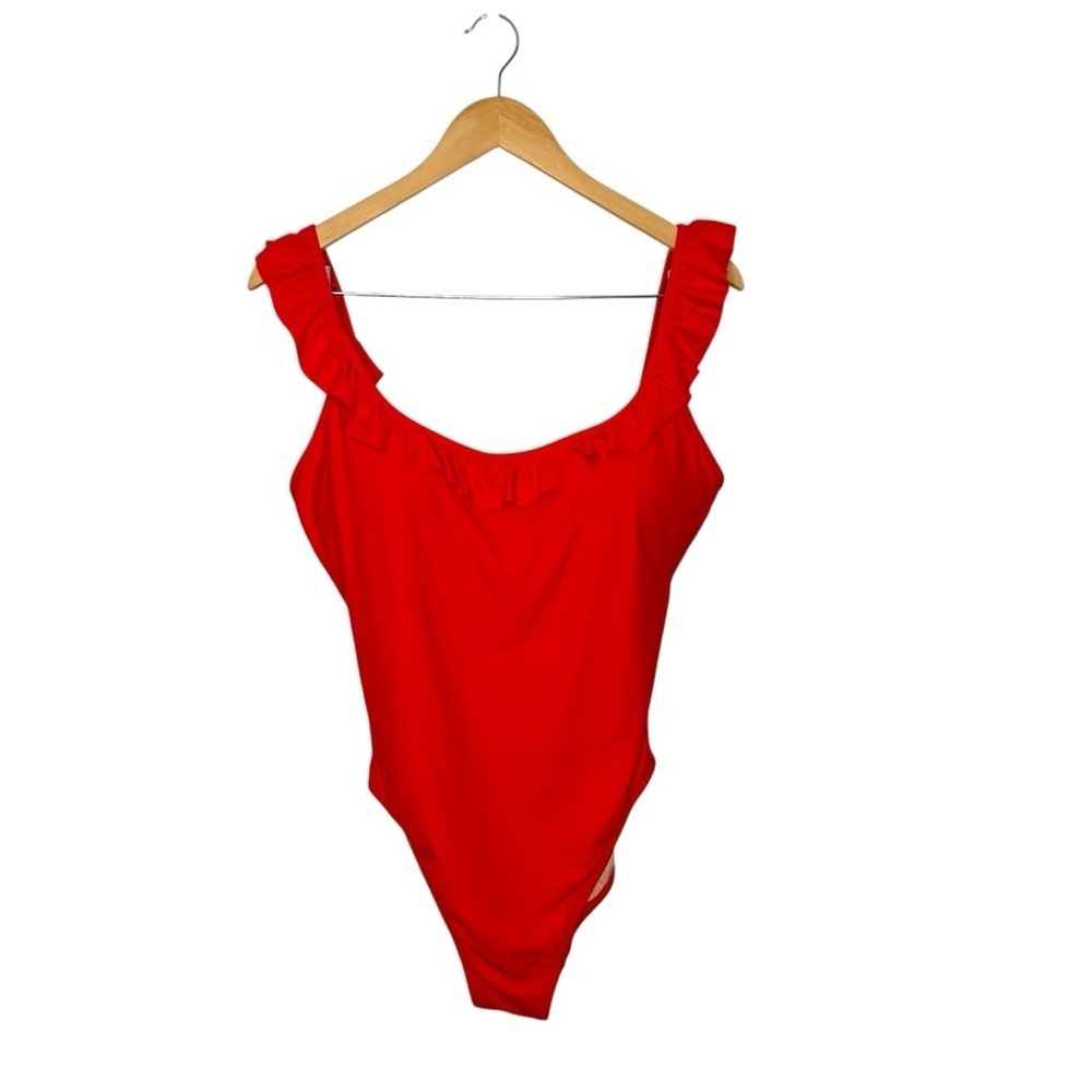 J.Crew Cerise Bright Red Ruffled scoopback One-piece Swimsuit Women’s Size 14 - Picture 3 of 9